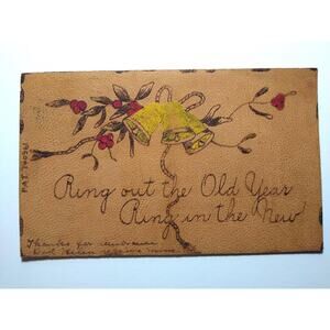 Leather Postcard Ring Out The Old In With The New Years Day Antique 1900's
